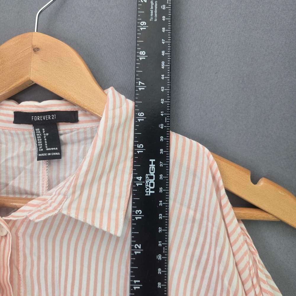 Forever 21 Blouse Cold Shoulder Cropped Striped S Pink White Button Up Tie Slv - Picture 5 of 7